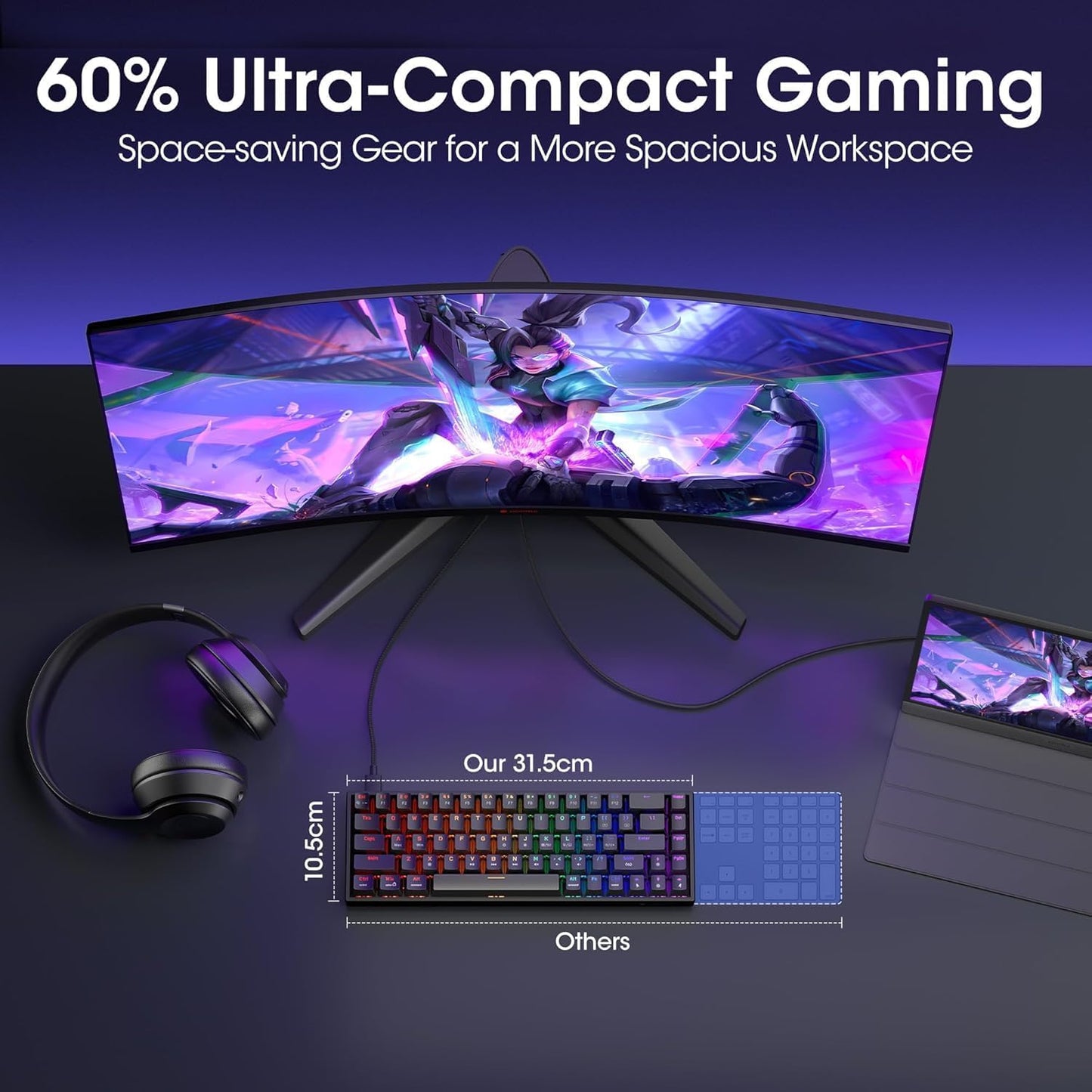 60% Mechanical Gaming Keyboard, Mixed Colors LED Backlit Ultra-Compact 68 Keys, Mini Wired Keyboard with Blue Switch for Windows Laptop Pc/Mac Os/Xbox