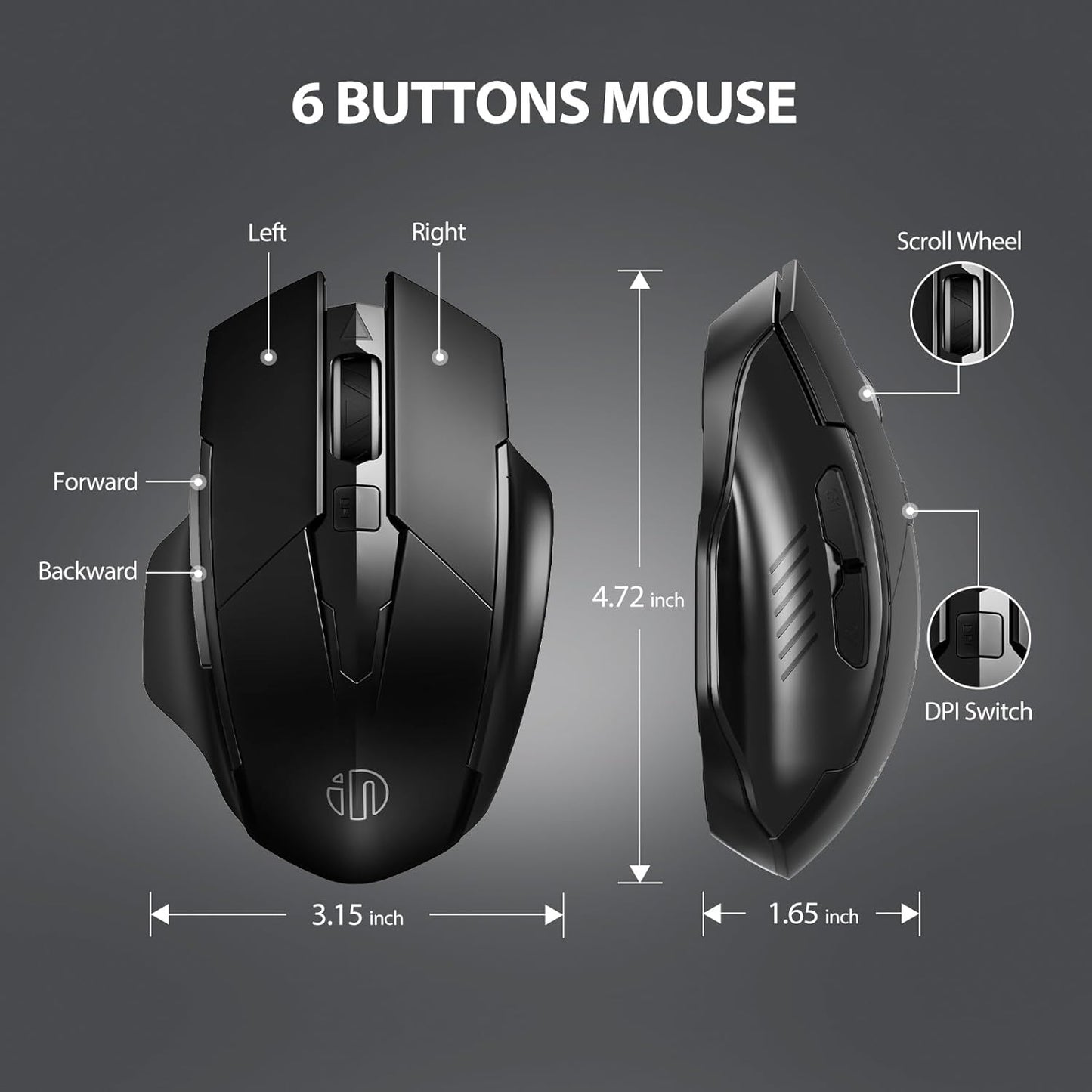 Wireless Mouse Rechargeable, 700Mah, with USB Receiver, 6 Buttons, Ergonomic for Laptop, Computer, Mac, PC Etc.
