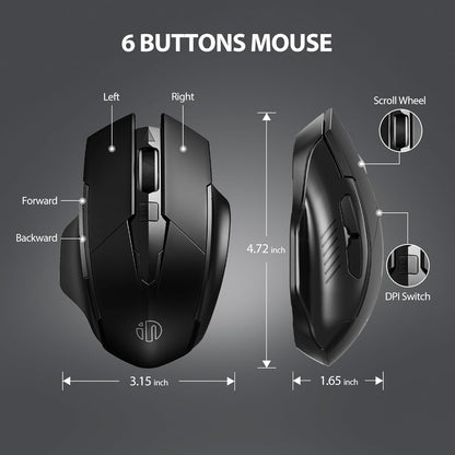 Wireless Mouse Rechargeable, 700Mah, with USB Receiver, 6 Buttons, Ergonomic for Laptop, Computer, Mac, PC Etc.