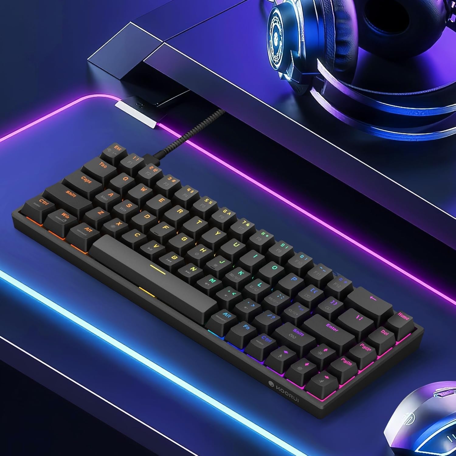 60% Mechanical Gaming Keyboard, Mixed Colors LED Backlit Ultra-Compact 68 Keys, Mini Wired Keyboard with Blue Switch for Windows Laptop Pc/Mac Os/Xbox