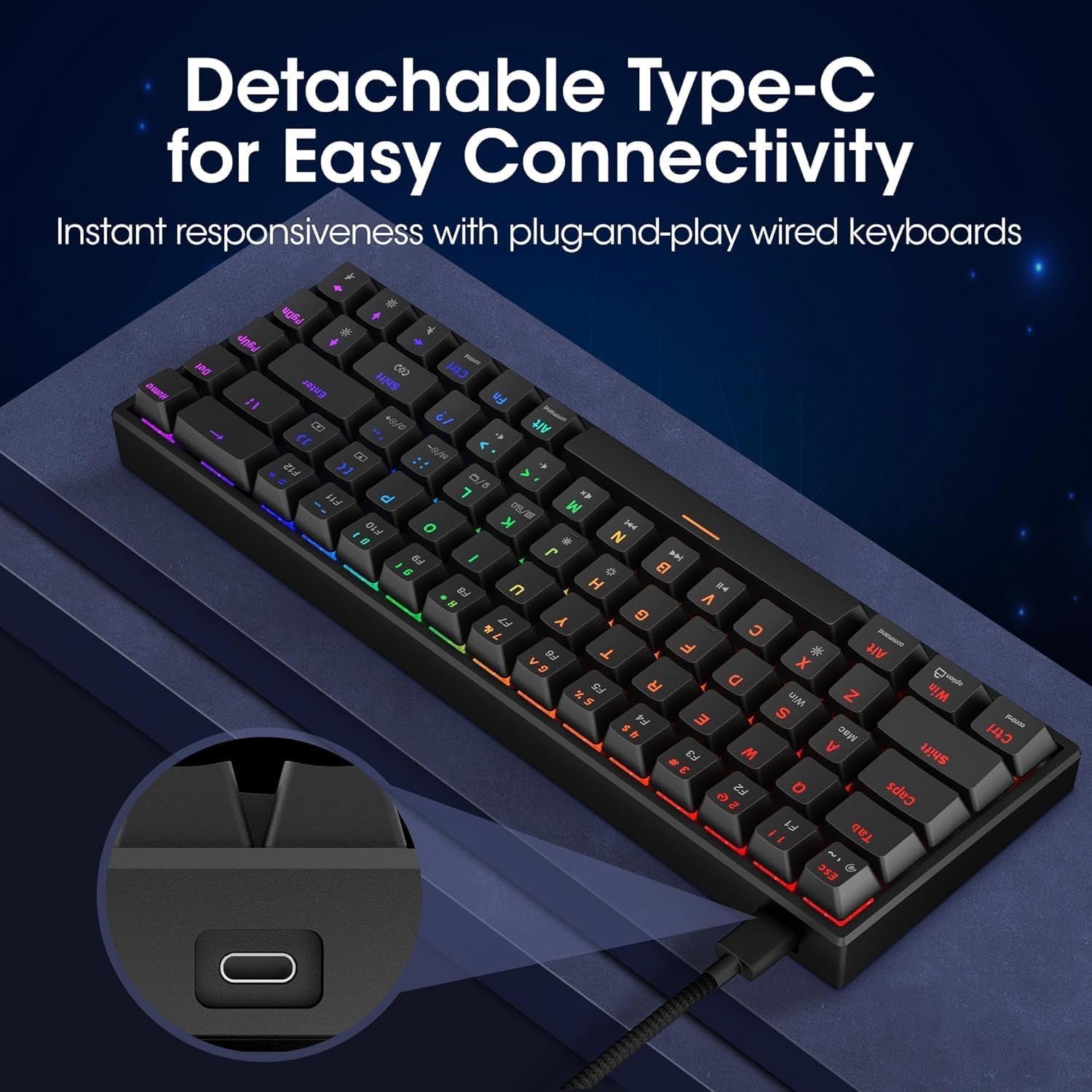 60% Mechanical Gaming Keyboard, Mixed Colors LED Backlit Ultra-Compact 68 Keys, Mini Wired Keyboard with Blue Switch for Windows Laptop Pc/Mac Os/Xbox